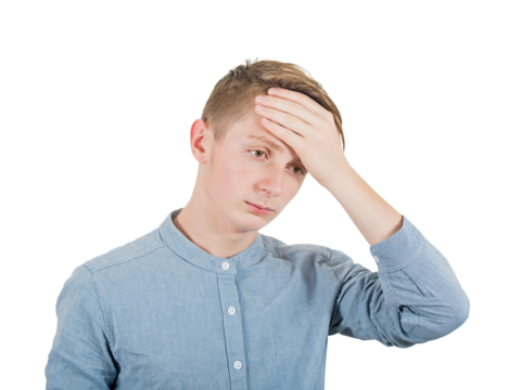 Lost teenage guy, failure emotion portrait, facepalm gesture as keeps hand to forehead. Embarrassed young man adolescent portrait isolated on transparent background