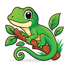 Cute Cartoon Gecko on a Tree Branch, Adorable Green Lizard Character Illustration