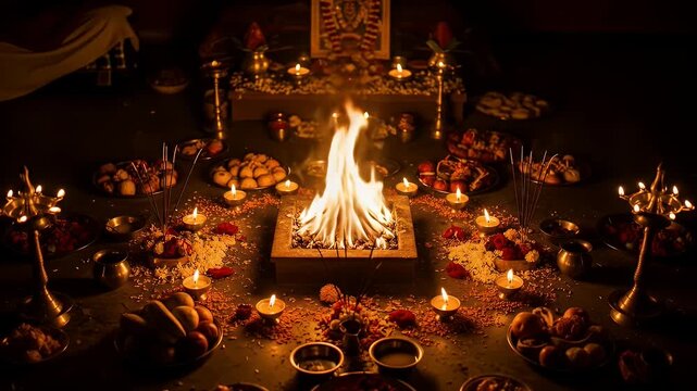 Sacred Fire Ritual With Offerings Of Sweets And Flowers In A Dimly Lit Room With Traditional Altar And Oil Lamps Creating A Spiritual Ambiance