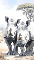 Two white rhinos in a savanna landscape