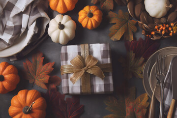Festive fall table setting with decorative pumpkins, autumn leaves, and a beautifully wrapped gift with a golden bow.