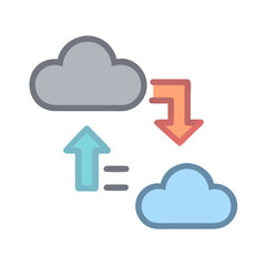 Cloud data transfer illustrated with simple shapes and arrows, data exchange