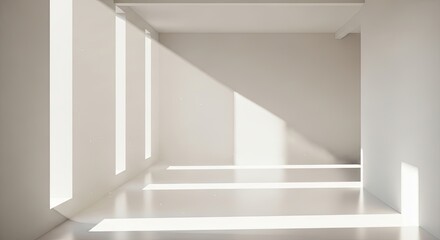 Fototapeta premium Sunlight streaming into a modern architectural interior space with white walls and floors