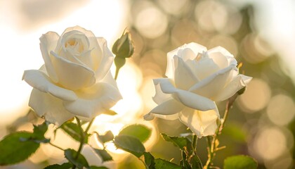 Two white roses bathed in golden sunlight