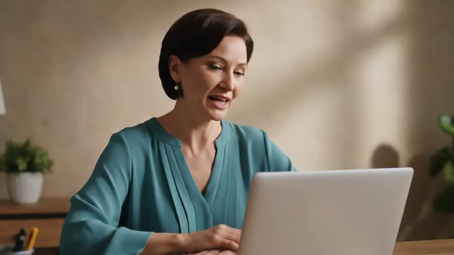 Mature woman in teal blouse actively participates in a video conference using her laptop. She is indoors at desk with short hair, earrings and looking at her computer screen.
