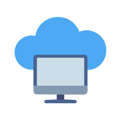 Flat vector icon depicting cloud computing with desktop computer on black background