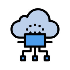 Abstract cloud computing icon with data flow, flat design on black background