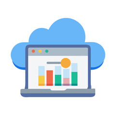 Cloud based data analysis on laptop with bar chart and circular pointer