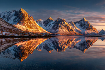 Majestic nordic mountain scenery at sunset with illuminating glow reflecting on tranquil waters