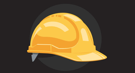 A close-up illustration of a yellow construction worker's hard hat, against a dark background.