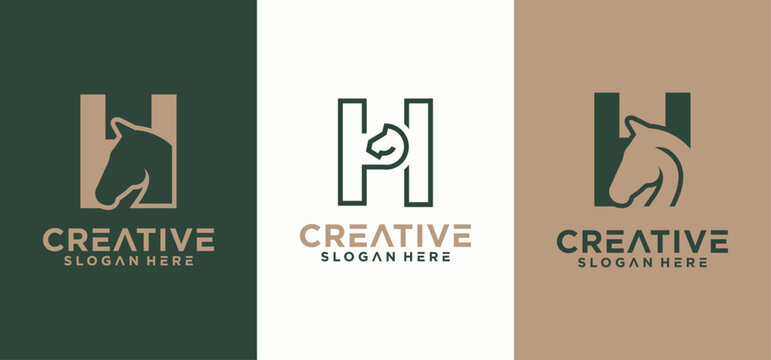 Horse logo with a minimalist concept letter H combination, Modern horse head vector logo template, horse letter H initials.