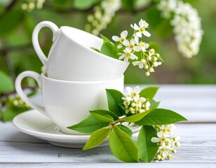 Two white teacups stacked, adorned with delicate spring blossoms