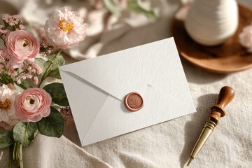 Sealed Thank You card with floral design sits on a rustic wooden surface along with a paint set and brush