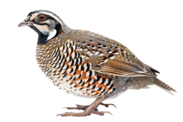 A quail stands elegantly, displaying its colorful plumage with mesmerizing patterns