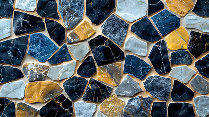 Abstract mosaic of irregular stone tiles create a unique geometric pattern background.
