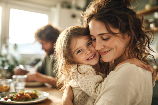 Madre e hija sonrientes se abrazan con ternura en un hogar luminoso. Amor puro y conexi&oacute;n familiar, capturando un momento de aut&eacute;ntica calidez.