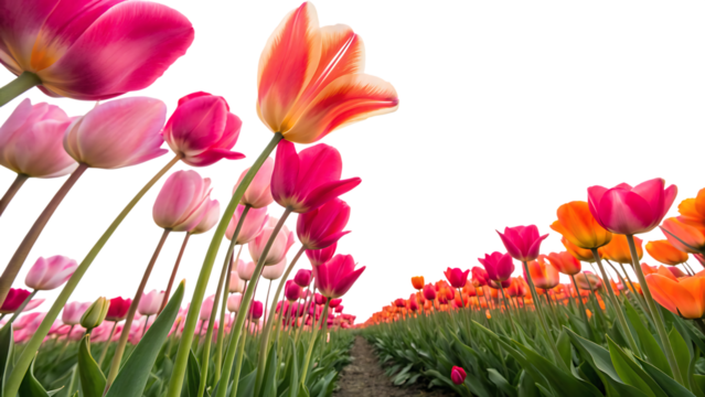 pink, red and orange tulip field, cutout, PNG isolated on  a white or transparent background