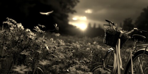 Obraz premium Serene sunset bicycle ride through blooming wildflowers in a peaceful meadow