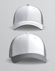 Two white trucker hats, one with a grey brim, front view