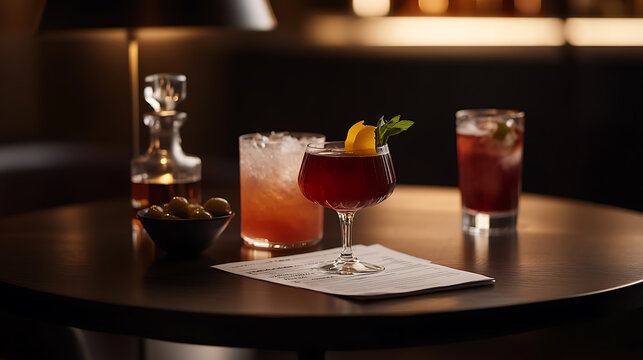 Elegant Cocktails and Olives: A sophisticated bar scene with crafted drinks and appetizers on a dimly lit table. Taste and class, all in one frame.