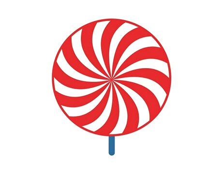 A circular, spiral-striped confection with a red and white design and a blue stick, presented against a white background
