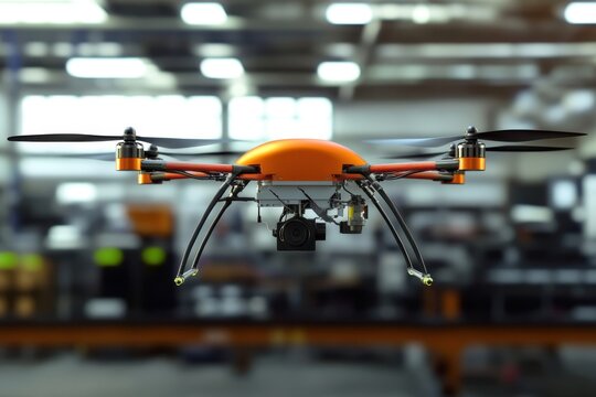 Drone flying in an industrial warehouse for inspection and monitoring purposes