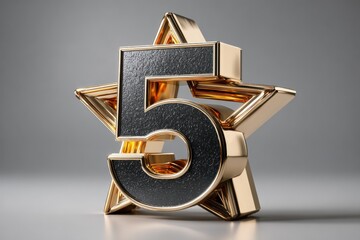 Golden five star emblem on dark background signifying excellence and high rating