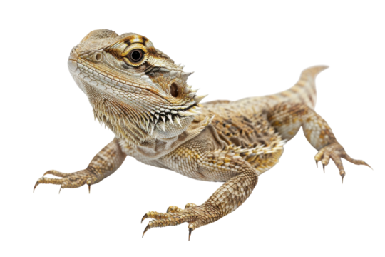 A curious bearded dragon exploring its surroundings on a bright, clear day indoors