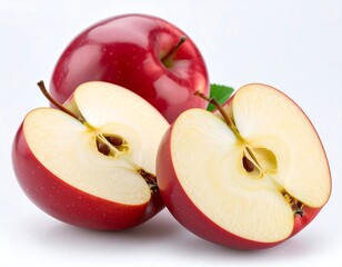 Two whole and two halves of a red apple, studio shot