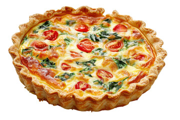 Delicious vegetable tart bursting with fresh tomatoes and greens on a white background