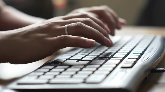 Close up of woman typing on keyboard. Focus on fingers and keyboard in soft light. Communication and technology concept.