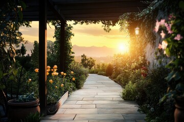 Fototapeta premium Beautiful sunset view from a garden pathway adorned with flowers and plants