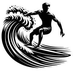 A high quality detailed silhouette of a surfer surfing the waves on his surfboard black vector icon with transparent background 