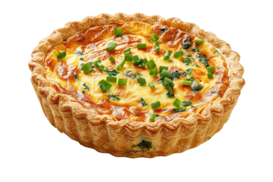 Delicious homemade vegetable quiche with a golden crust and green onion topping