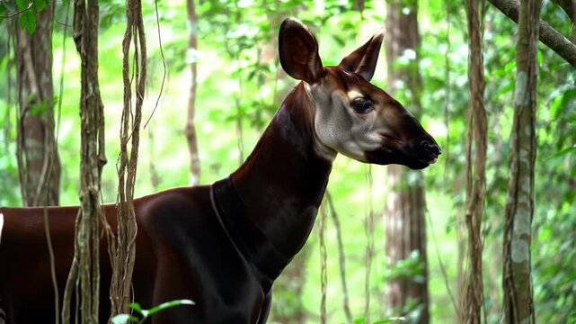 Okapi in lush green forest, an African wildlife mammal with zebra-like legs.