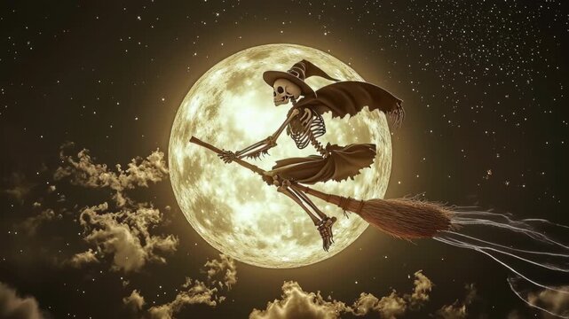 Halloween Skeleton Witch Flies on Broomstick Under Full Moon, Creating Whimsical Spooky Night Atmosphere