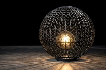 Obraz premium Modern Metallic Wire Sphere Lamp with Warm Light — Elegant Minimalist Black and Gold Lighting Design