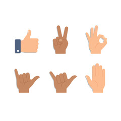 Fototapeta premium Diverse collection of human hands displaying common communication gestures like thumbs up, peace sign, and 'OK' symbol, presented in a modern flat design style on a clean white background