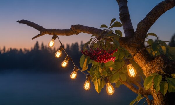 Dusk scene; warm string lights on a tree branch with berries, soft background