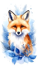 Fototapeta premium Winter fox portrait with blue foliage. Watercolor-style illustration of a friendly fox surrounded by wintery blue leaves and branches. Soft colors and textures