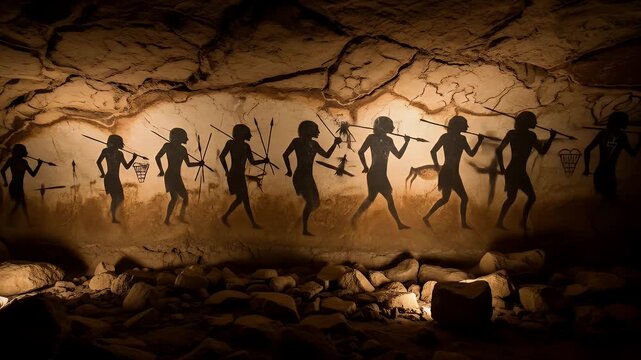 Ancient Cave Painting Depicting Human Evolution and Hunting Scenes illuminated by warm torchlight showcasing primitive human figures in silhouette against rough textured rock walls with debris