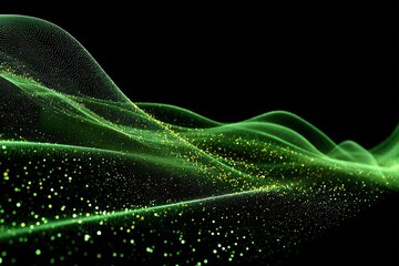Abstract green waves flow gently on a black background, dotted with gold and bright green particles, resembling sparkling hills