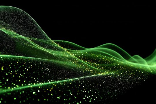 Abstract green waves flow gently on a black background, dotted with gold and bright green particles, resembling sparkling hills
