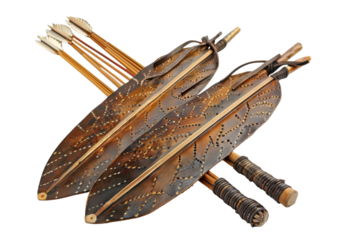 Artisan-crafted wooden arrows and quiver showcasing intricate designs and vibrant craftsmanship