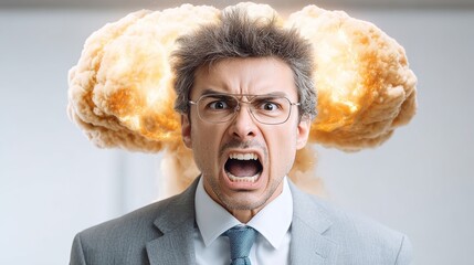Man in a suit is wearing glasses and is angry. He is standing in front of a large explosion
