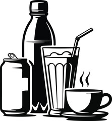 Black and white illustration of a soda can a tall bottle a glass with a straw and a steaming coffee cup