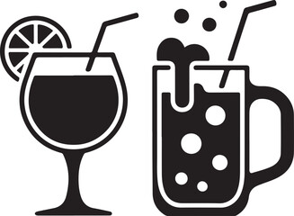 Black Silhouette Icons of a Cocktail and a Foamy Drink in a Mug beverage liquid
