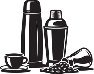Black Silhouette Icons Of Coffee Making Equipment With Spilled Coffee Beans espresso moka pot