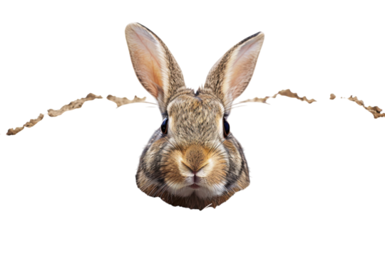 A curious rabbit peeks from its burrow in a sunlit field during a bright afternoon isolated on transparent background