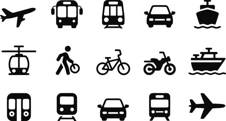airplane, bus, train, car, ship, helicopter, pedestrian, bicycle, motorcycle, ferry, subway, tram, transport, travel, vehicle, icon, symbol, silhouette, graphic, vector, transportation, journey, commu